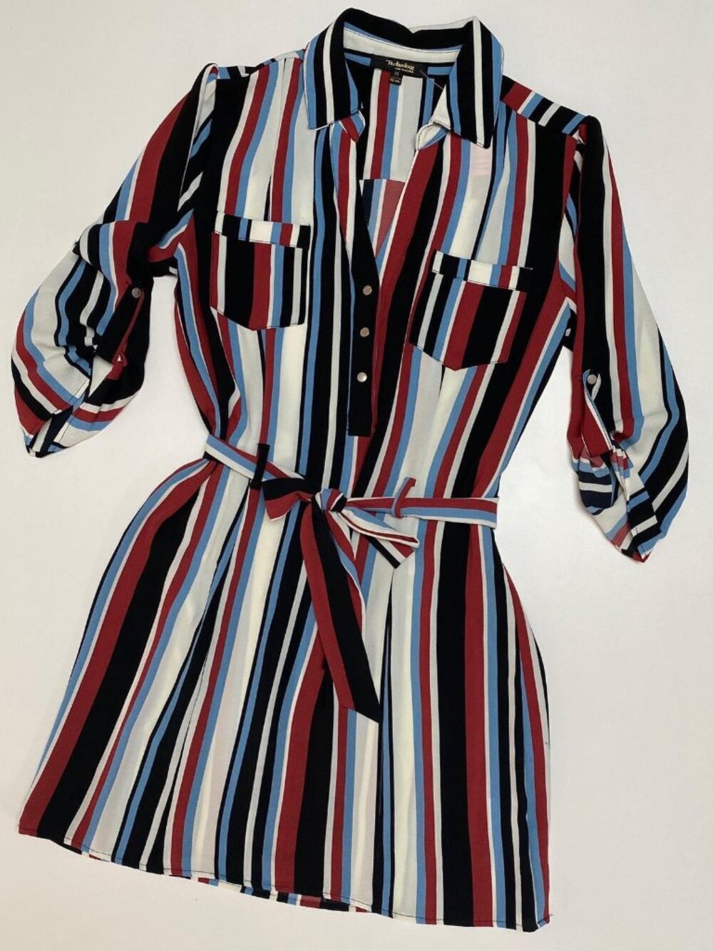 Multi-Color Striped V-Neck Shirt Dress Roll Tab Sleeves & Tie Waist Large